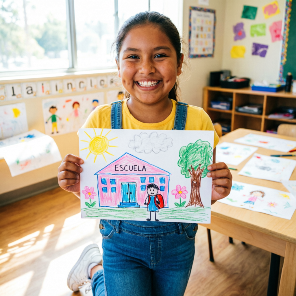 Niña sonriente sosteniendo su dibujo